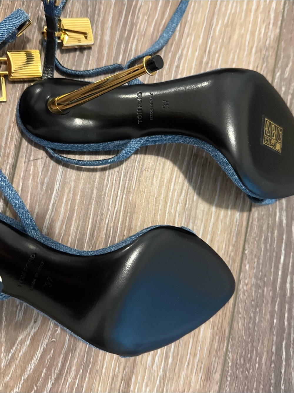 Tom Ford Denim Blue Ankle-Strap Stiletto Sandals with Gold Accents - Picture 2 of 2